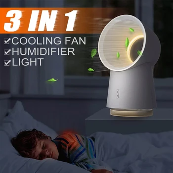 

3 in 1 Mini Cooling Fan Bladeless Desktop Fan Mist Humidifier With LED Light White USB lamp homekit student college Fan