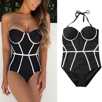 

Hot Sexy Women Ladies Bikini One-Piece Suits Striped Black Push Up Beach Padded Bikini Bathing Off Shoulder Swimsuit Swimwear