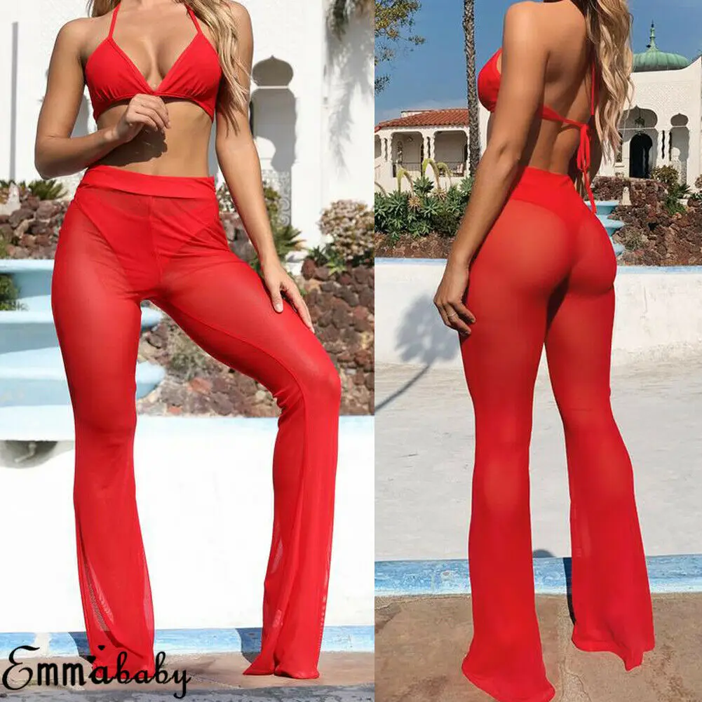 Sexy Women See through Pants Bikini Cover Up Mesh Ruffle Bottoms Plus