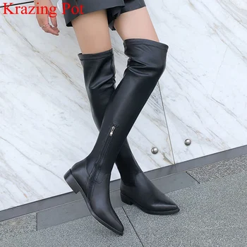 

superstar big size cow leather zipper pointed toe low heel over-the-knee boots office lady vacation classics winter shoes L12