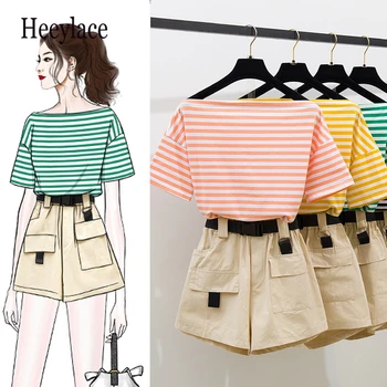 

2020 Summer korean two piece set for girls slash neck striped short top and shorts set with belt women clothing off shoulder set