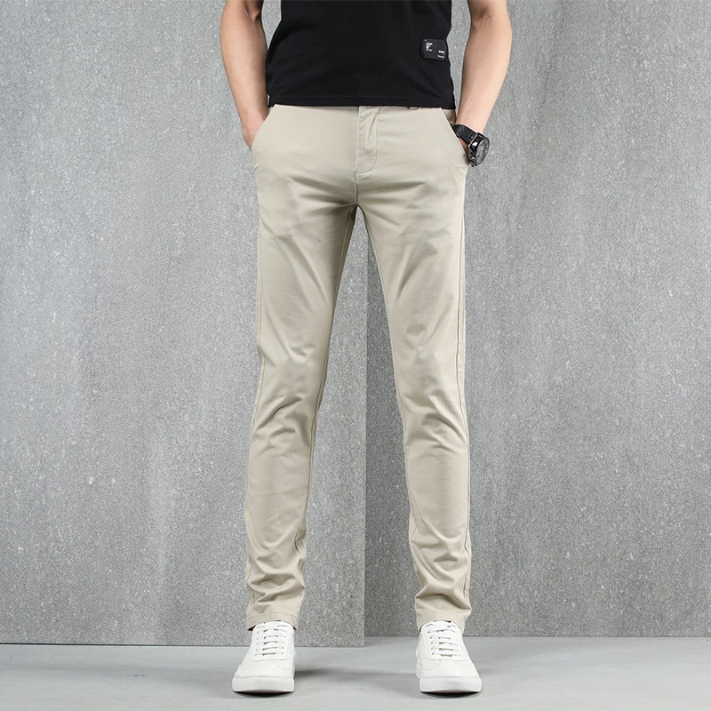 

DAISHU Autumn Light Khaki Men Pants Slim Fit Spring High Quality Business Flat Classic Full Length Casual Black Trousers male