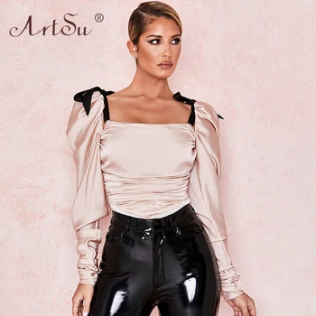 

ArtSu Women 2020 New Fashion Bow Tie Up Straps Pink Silk Satin Bodysuit Square Collar Lantern Sleeve Sexy White Party Bodysuits