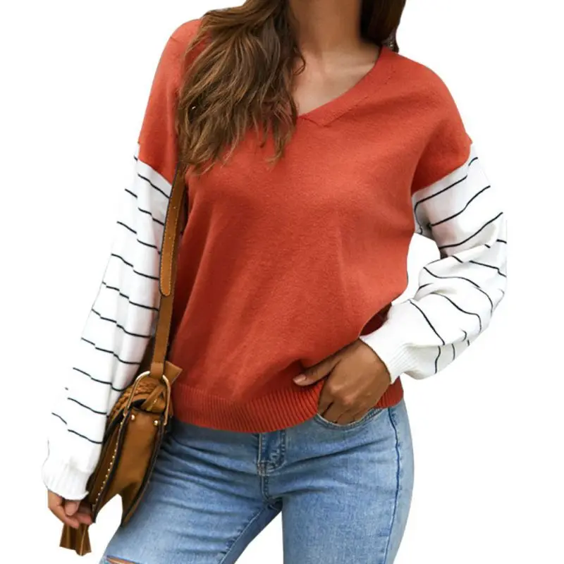 

Thick Warm Sweater Women Autumn Fashion Casual All-match Sweater Color-blocked V-collar Long Sleeve Loose Sweater