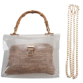

Transparent Bag For Women Handbag With Bamboo Handle Summer Small Chain Crossbody Bags Ladies Straw Beach Bags(Khaki)