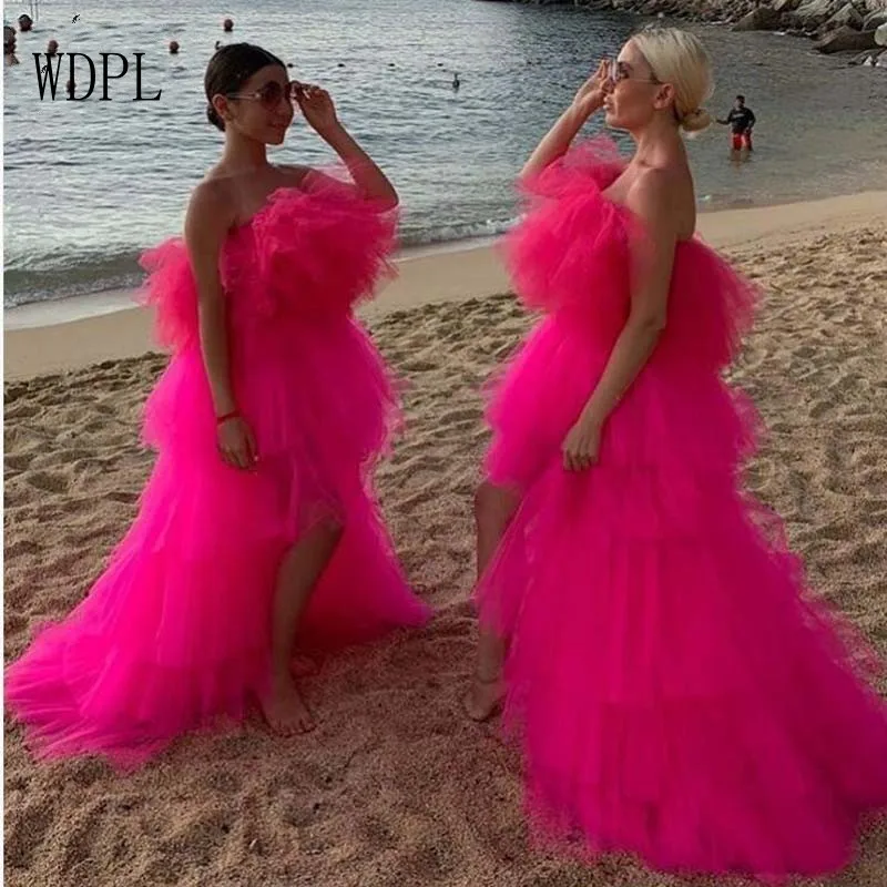 

Beach Long Prom Dresses Tiered Lush Chic Hi Low Evening Gowns Girl abiye Off Shoulder Party Dress Fuchsia robe de soiree