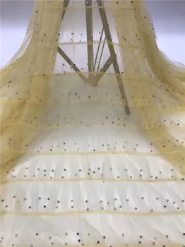 

Elegant gold evening dress mesh fabric French net lace textile with beads PDN880(5yards/lot)