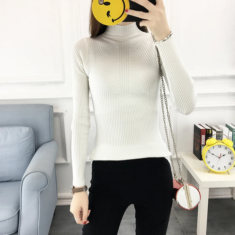 

Autumn Winter chic Turtleneck Elastic Pullovers Sweaters Women Spring Korea White Short Knitted Sweater Female Bottoming Jumper