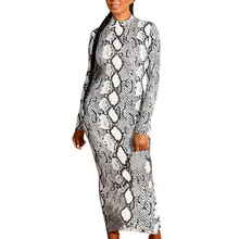 Fadzeco Для женщин пикантные Клубные вечерние платье осень-зима с длинным рукавом и стоячим воротником на молнии облегающее Макси платья со змеиным принтом платье