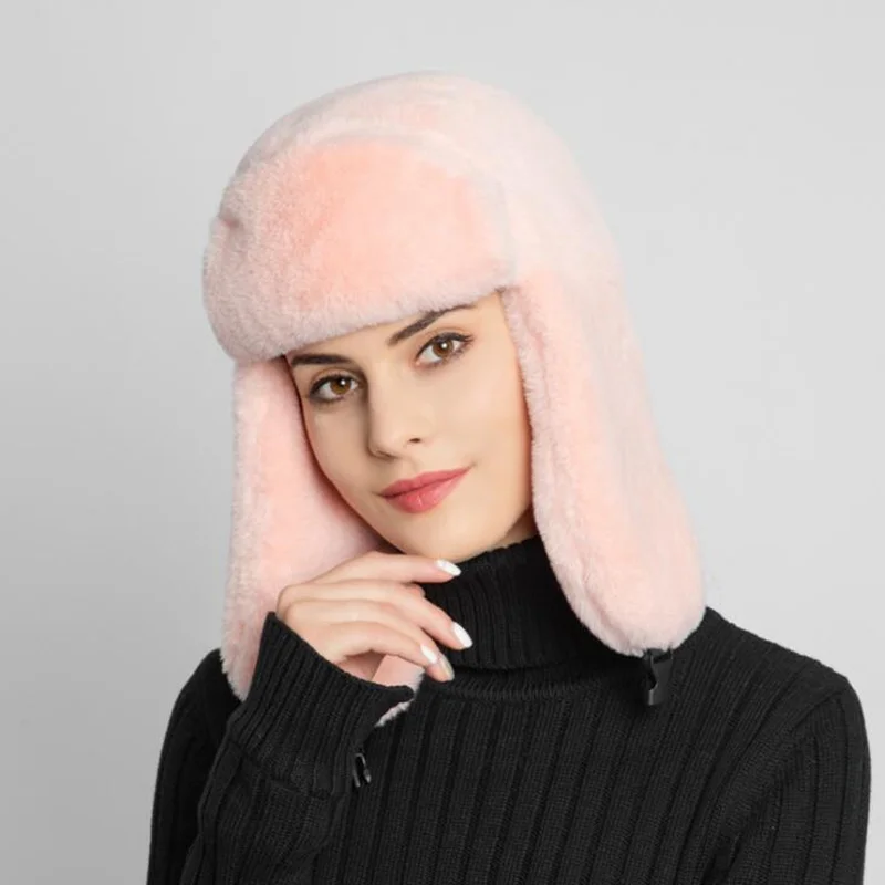 Классическая однотонная зимняя женская шапка Стильная шапка с ушами шапка русская меховая шапка ушанка бомбер женская шапка бомбер - Цвет: pink