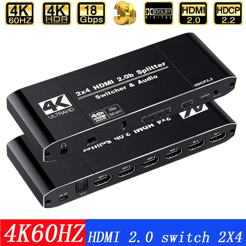 2020 Best 4K HDMI 2.0 Switch Remote 2x4 HDR Audio Extractor With IR 2x2 YUV 4:4:4 For PS4 Apple TV | Электроника