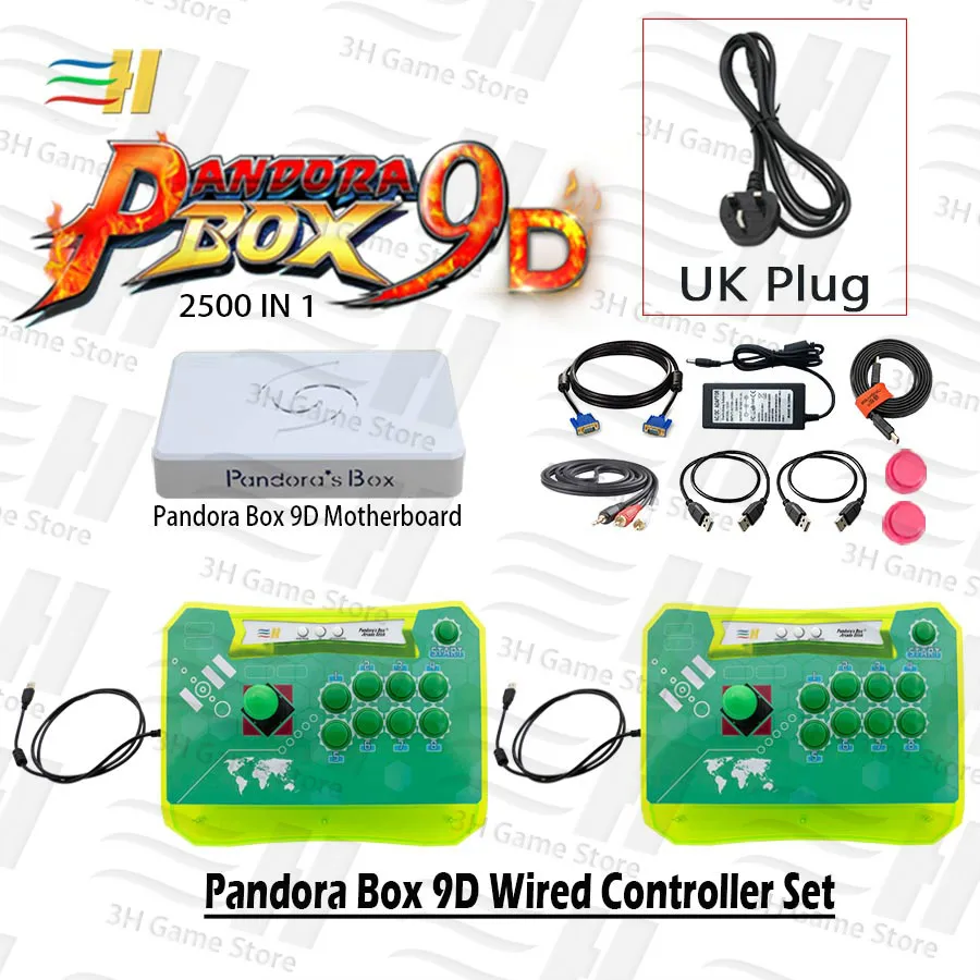 9D 2Pwired green UK Pandora Box 9D проводной контроллер Набор 2 игрока бой аркадная палка консоль usb Нулевая задержка 2500 в 1 HDMI VGA подключение к ТВ ПК ps3 - Цвет: 9D 2Pwired green UK