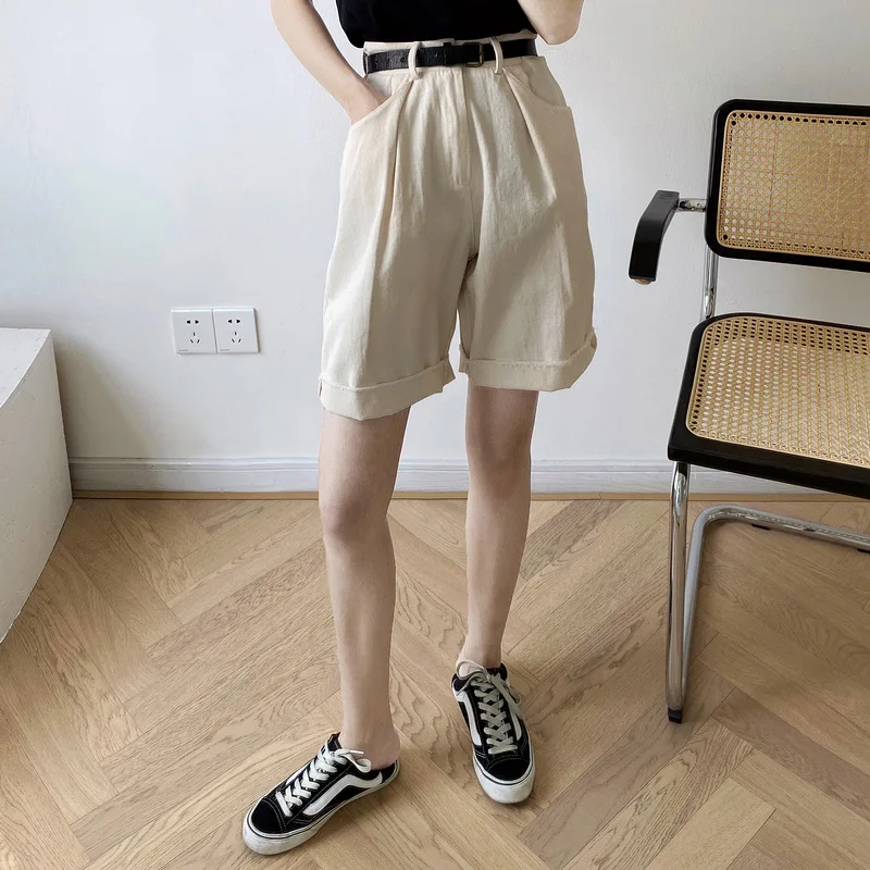 ladies shorts Casual Wide Leg Shorts With Belt 2020 Casual Loose Straight Women Hotpants linen shorts