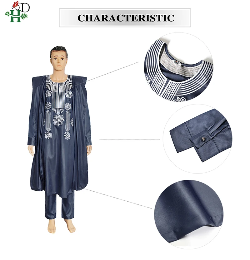 H&D African Suit For Men Robe Shirt Pants Set Long Sleeve Tops Embroidery Agbada Clothes Boubou Africain Homme Traditional Robes african dress style