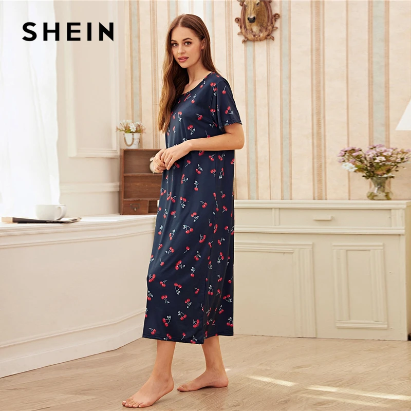 SHEIN, милое Ночное Платье с принтом фруктов и овощей в морском стиле, Женское ночное белье, лето-осень, Женская Базовая одежда для сна с коротким рукавом