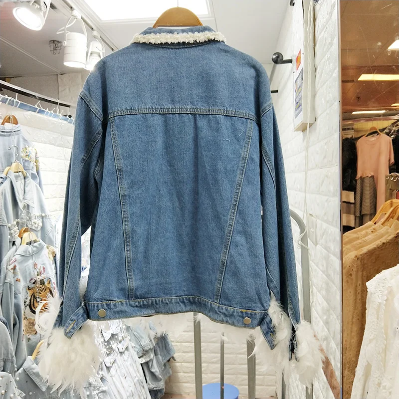 autumn new Korean version of the loose fashion three-dimensional craft beaded feather denim jacket female