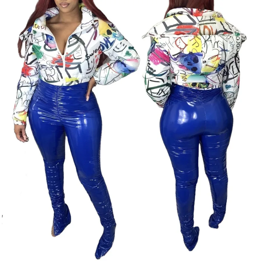 

Graffiti Letter Pattern Print Hooded Long Sleeves Zipper 76%~80% White Duck Down Jacket New Winter Women Coat Warm Clothes