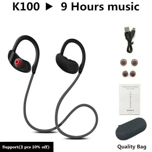 K100 Black Наушники крючок спортивные Bluetooth наушники гарнитура светильник вес бас наушники для бега для Смартфона наушники для iphone Android - Цвет: K100 Black
