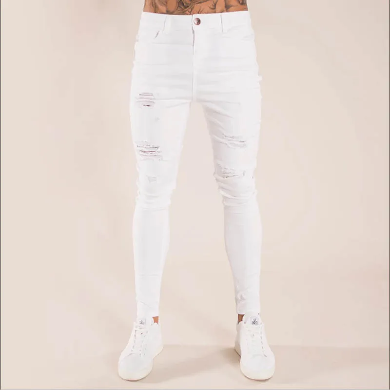 Новые облегающие мужские джинсы с дырками на коленях, хлопок, мягкая ткань, Осень-зима, Мужские штаны, растягивающиеся модные джинсы из ткани - Цвет: white
