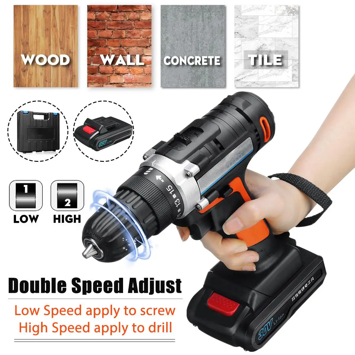 

30V Portable Cordless Rechargeable Drill Driver Electric Screwdriver +Li-ion Battery 3/8" Drill Chuck LED Light Multi-tool