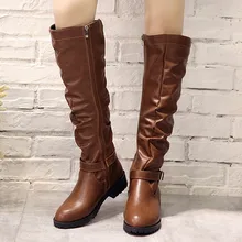 Женские ботинки зимние и осенние однотонные высокие сапоги из натуральной искусственной кожи на молнии и квадратном каблуке сапоги до колена сапоги с круглым носком