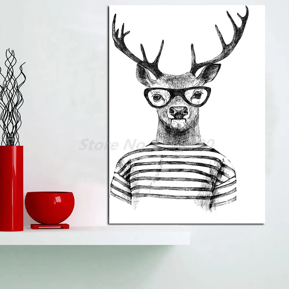 Animals Mr Deer with Glasses Poster Abstract Geometric Paintings On Canvas Modern Art Decorative Wall Pictures Home Decoration | Дом и сад