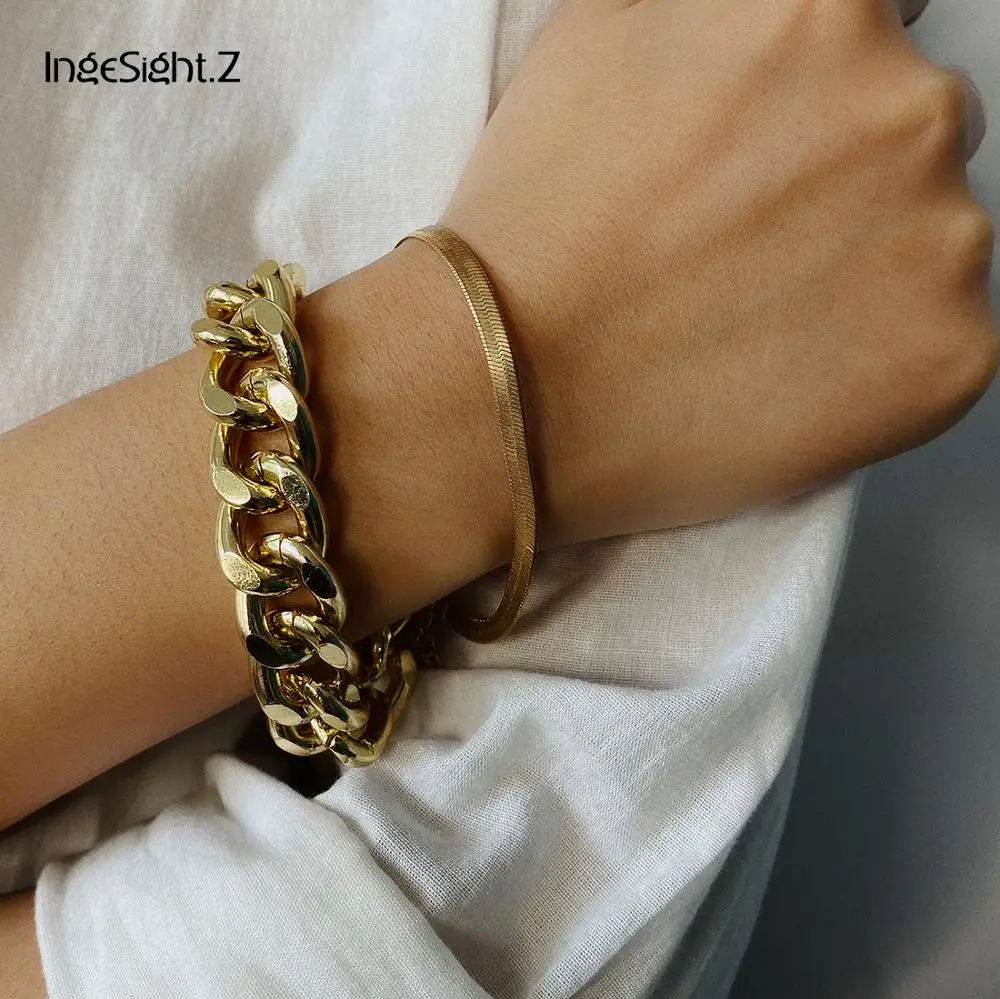 IngeSight. Z, 2 шт./лот, панковский, кандаловый, кубинский, массивный, толстый браслет, браслет на запястье, цепочка, шарм, тяжелый металлический браслет для женщин, ювелирное изделие