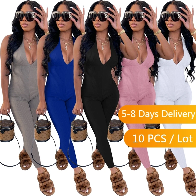 

Wholesale Items Ribbed Backless Bodycon Jumpsuit Women Summer V Neck Black Jumpsuits for Women Clubwear Bandage Sexy Jumpsuit
