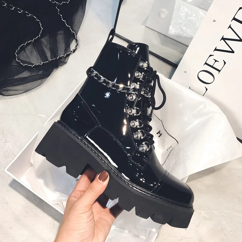 Skup EGONERY Rock punk kobiety buty okrągłe toe zamek lakierki med 5cm obcas platformy wiązane krzyżowo kobiety retro na przyjęcie botki