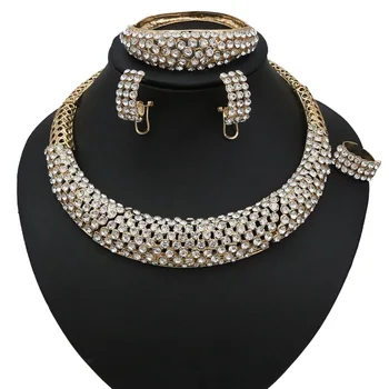 

Yulaili Fashion Gold Color Rhinestone Charm Choker Necklace Bracelet Earrings Ring African Jewelry Sets For Women Accessories