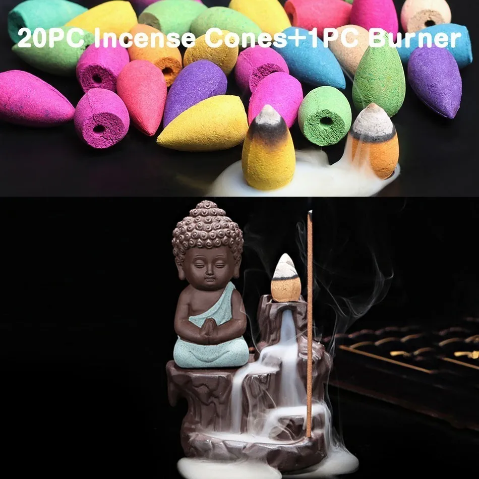 (2) With 20 incense 20 шт. пирамидки благовоний+ горелка креативный домашний Декор маленький Монах Будда курильница с обратным потоком благовония горелки использовать в домашних Teaho - Цвет: (2) With 20 incense