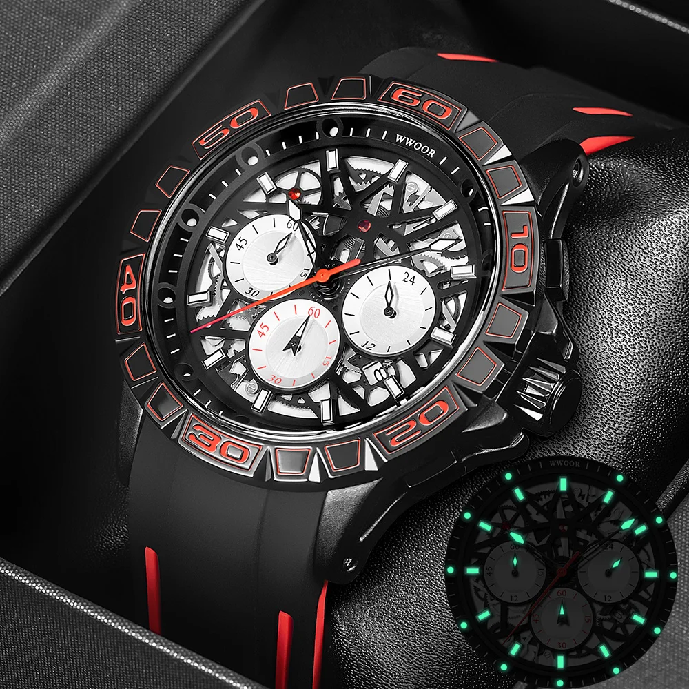 HOT SALES! WWOOR 2021 New Creative Design Watch For Men Fashion Hollow Quartz Waterproof Sports Chronograph Wrist Watches Relogio Masculino