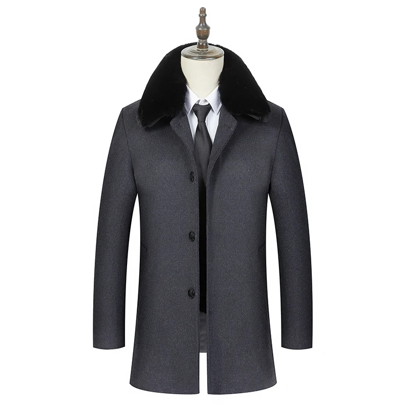 Зимняя шерстяная куртка, мужское высококачественное шерстяное пальто, повседневное приталенное шерстяное пальто средней длины, Мужское пальто с меховым воротником