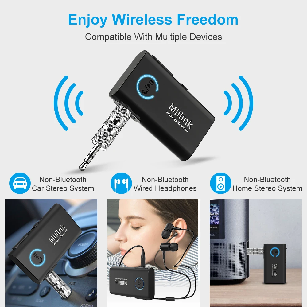 1Mii ML100 Bluetooth 5 0 Receiver car with Mic Long Battery 3 5mm AUX Jack aux bluetooth adapter for car headphone speaker