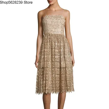 

Summer A Kaki Court Wind Gold Silk Thread Heavy Industry Handmade Sequins Lace Lace Sling Dress