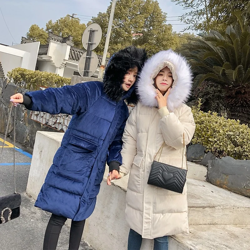 

Down Feather Cotton-padded Clothes 2019 New Style Winter Cotton-padded Jacket Coat Large Fur Collar Gold Velvet Cotton Coat Wome