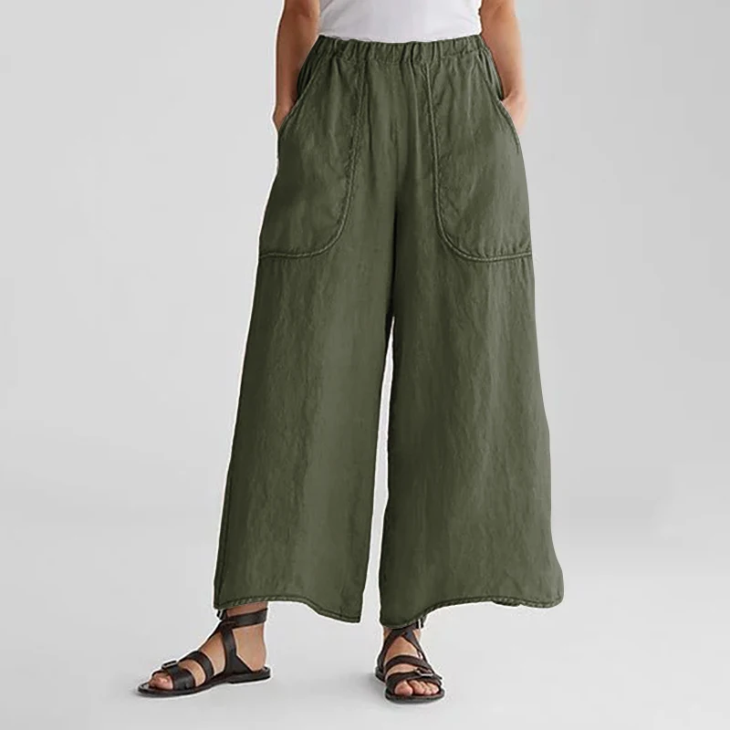 Армейский зеленый ZANZEA Women Wide Leg Long Trousers Casual Loose Elastic Waist Pockets Fashion Pants Plus Size Streetwear Pantalones Bottom - Цвет: Армейский зеленый