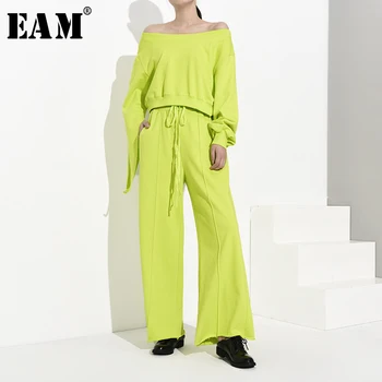 

[EAM] Wide Leg Pants Hollow Out Two Piece Suit New Slash Neck Long Sleeve Loose Fit Women Fashion Tide Spring Autumn 2020 WH4030