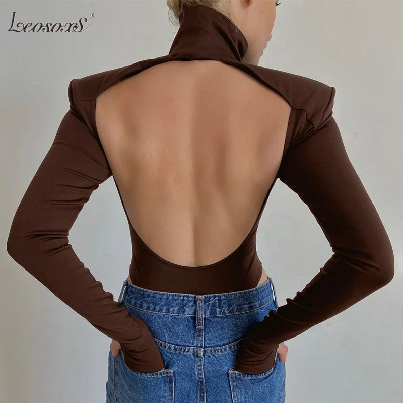 

Autumn Backless Turtleneck Women Bodysuit Shoulder Pad Long Sleeve Slim Female Bodysuits 2021 Solid Streetwear Sexy Lady Rompers