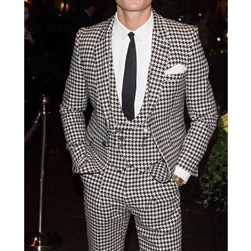 

Tailor Made Houndstooth Mens Suits for Wedding Prom 2019 Winter Peaked Lapel Custom Tuxedos 3 Piece Male Set Jacket Vest Pants