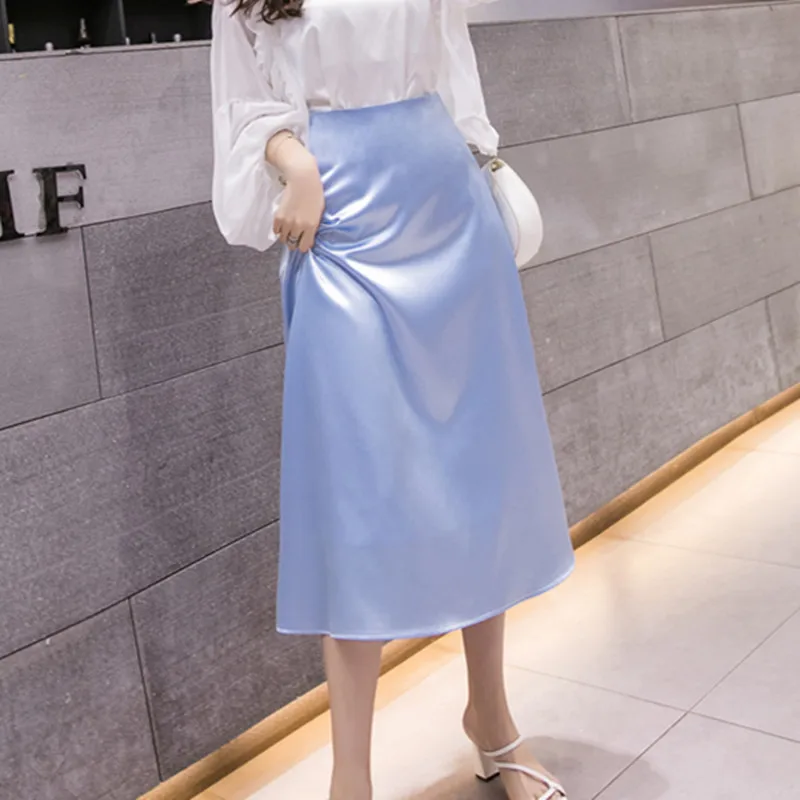 

Korean Silk Skirts Womens Elegant Woman Satin Skirt Plus Size OL High Waist Midi Skirts Faldas Mujer Moda Long Skirts for Women