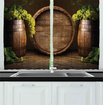 

Winery Kitchen Curtains Still Life of Wine with Wooden Keg Old Fashioned Wine Keeper Tasting Window Drapes for Kitchen Cafe