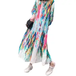 Летнее разноцветное женское платье с отворотом и рукавами-фонариками, свободные платья длиной до лодыжки, Женская мода 2019, новинка