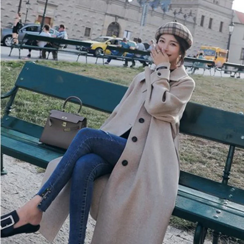 Популярное шерстяное Женское пальто, длинное, новое, зимнее, корейское, в стиле Хепберн, модное, шерстяное пальто выше колена Z011