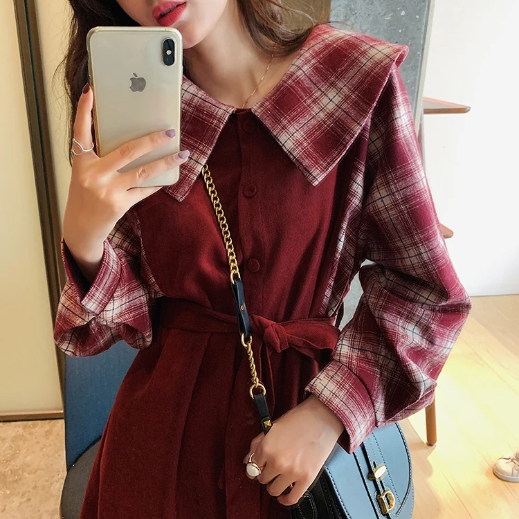 MISHOW Autumn Winter Dress Vintage Plaid Red Long Sleeve Waist Belt Female Mid-Long Dresses MX19D1968