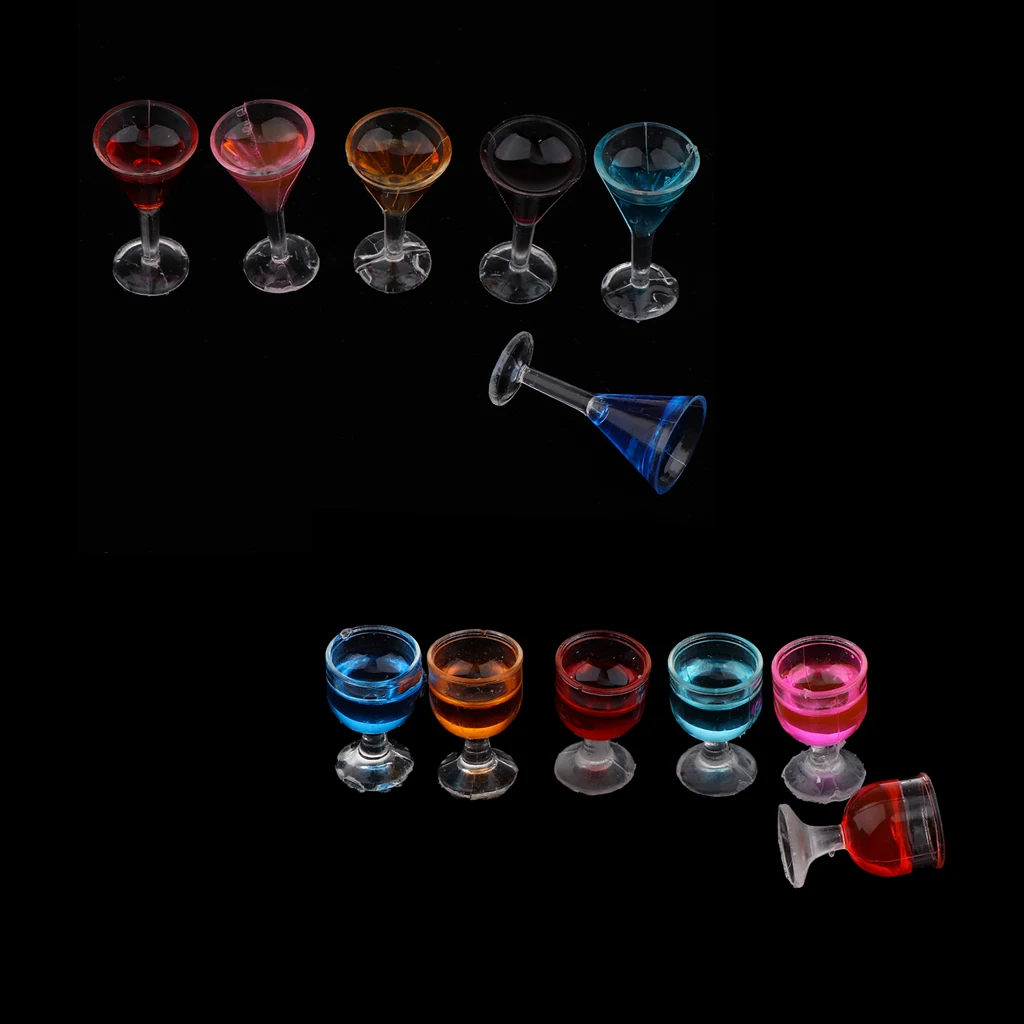 12 Pieces Sharp & Round Cocktail Glasses Fashion Drink Goblets with 6 Colors for 1/12 Dollhouse Bar Accessories Table Decoration