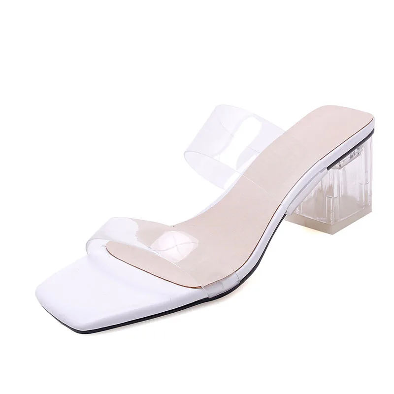 

2019 summer new wear sandals transparent crystal thick with a word in the open toe square head women's sandals