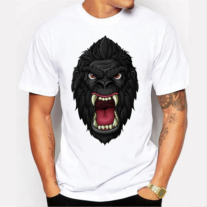 Papertiger Classic White T-shirt Fashion Cartoon Black Long Hair Roaring Orangutan Print | Мужская одежда