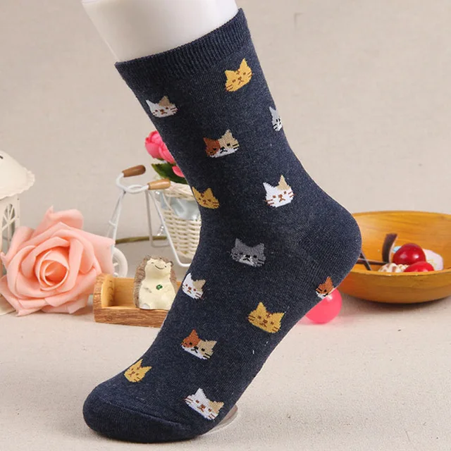 Забавные женские зимние теплые мягкие хлопковые носки с котом «I love Kitty», с надписями, в полоску, с рисунком, труба для кошки, носки mujer sox - Цвет: Navy Blue 5