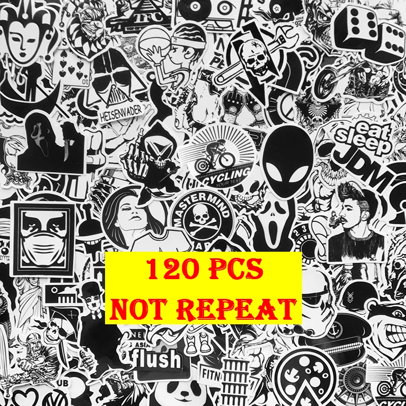 AQK 120Pcs Cool Black White Motorcycle Stickers Graffiti Bomb Decals Sticker Pack DIY Skateboard Luggage Laptop Bike Guitar Car 200pcs black cards white blank retro diy kraft paper blank card diy graffiti word cards gift greetings vintage card message note